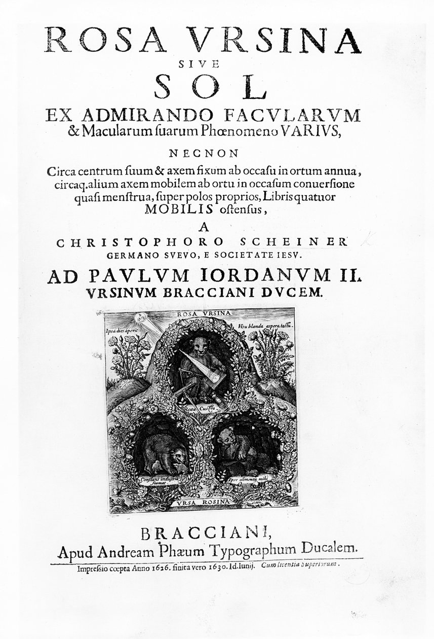 Tittelside til Rosa Ursina sive Sol av Christoph Scheiner, utgitt i 1630 (trykk) av Italian School
