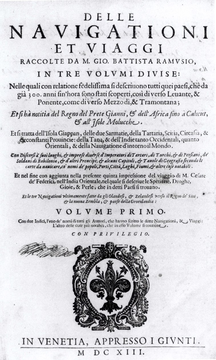 Tittelside til bind I av Delle Navigationi et Viaggi av Giovanni Ramusio (1485-1557) utgitt 1613 av Italian School