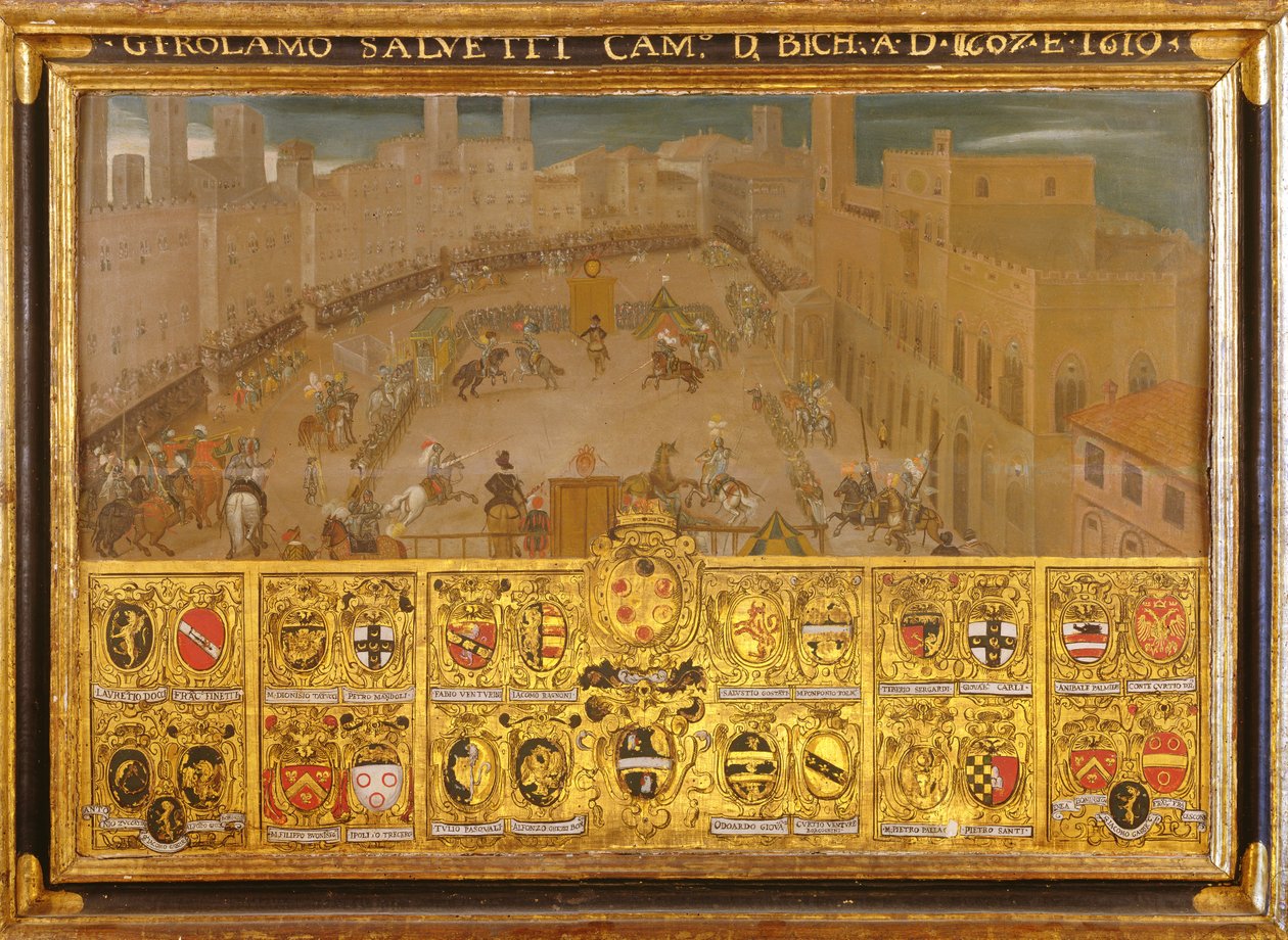 Turnering på Piazza del Campo, Siena, 1607-10 av Italian School
