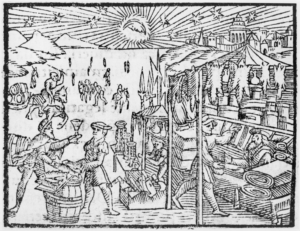 Handel i Skandinavia, illustrasjon fra History of the Northern Nations av Olaus Magnus (1490-1558), utgitt i Roma, 1555 av Italian School