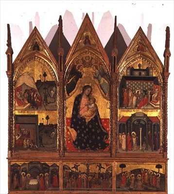 Triptych: Madonna and Child Enthroned flankert av scener fra St. Bartholomews liv med et predellapanel med scener fra Kristi liv, School of the Marches av Italian School