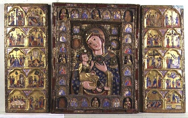 Triptyk om Madonna og barnet med evangelister, profeter og scener fra Kristi liv (tre, sølvfiligran og emalje) av Italian School