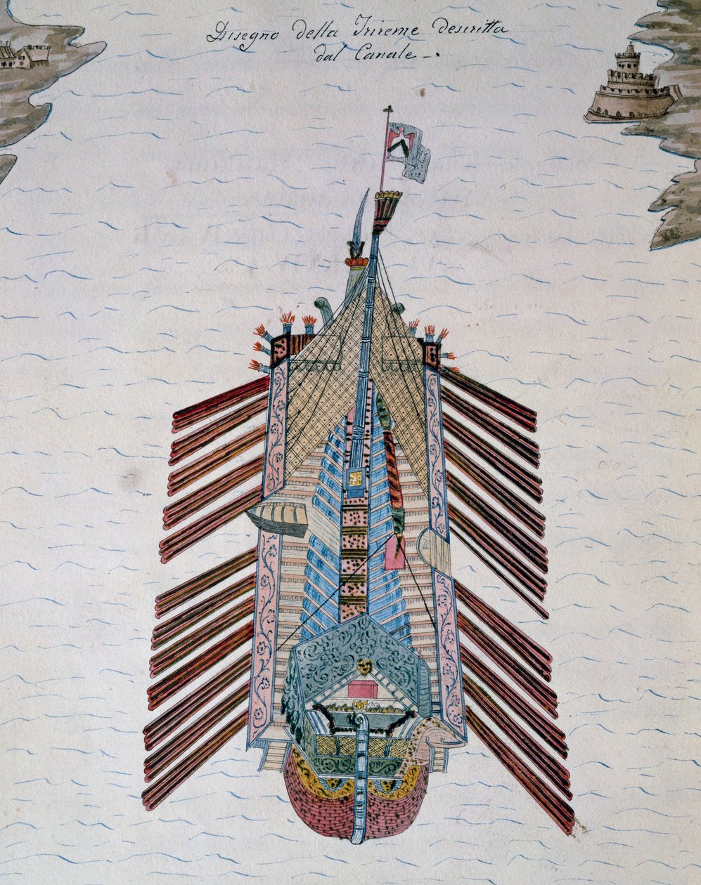 Trireme (skip med tre banker av årer), fra On maritim militia treatise, av Cristoforo Canal (1510-1562), Italia av Italian School