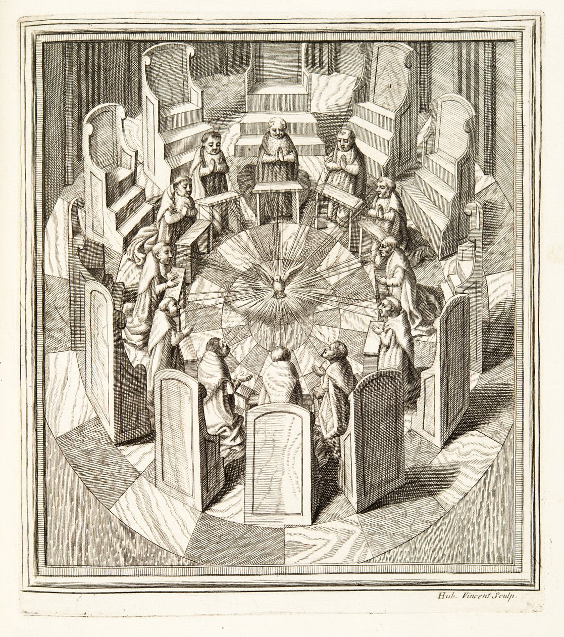 Tolv dommere fra Rota ber i en sirkulær sal rundt Den Hellige Ånd, pub. 1717 (gravering) av Italian School