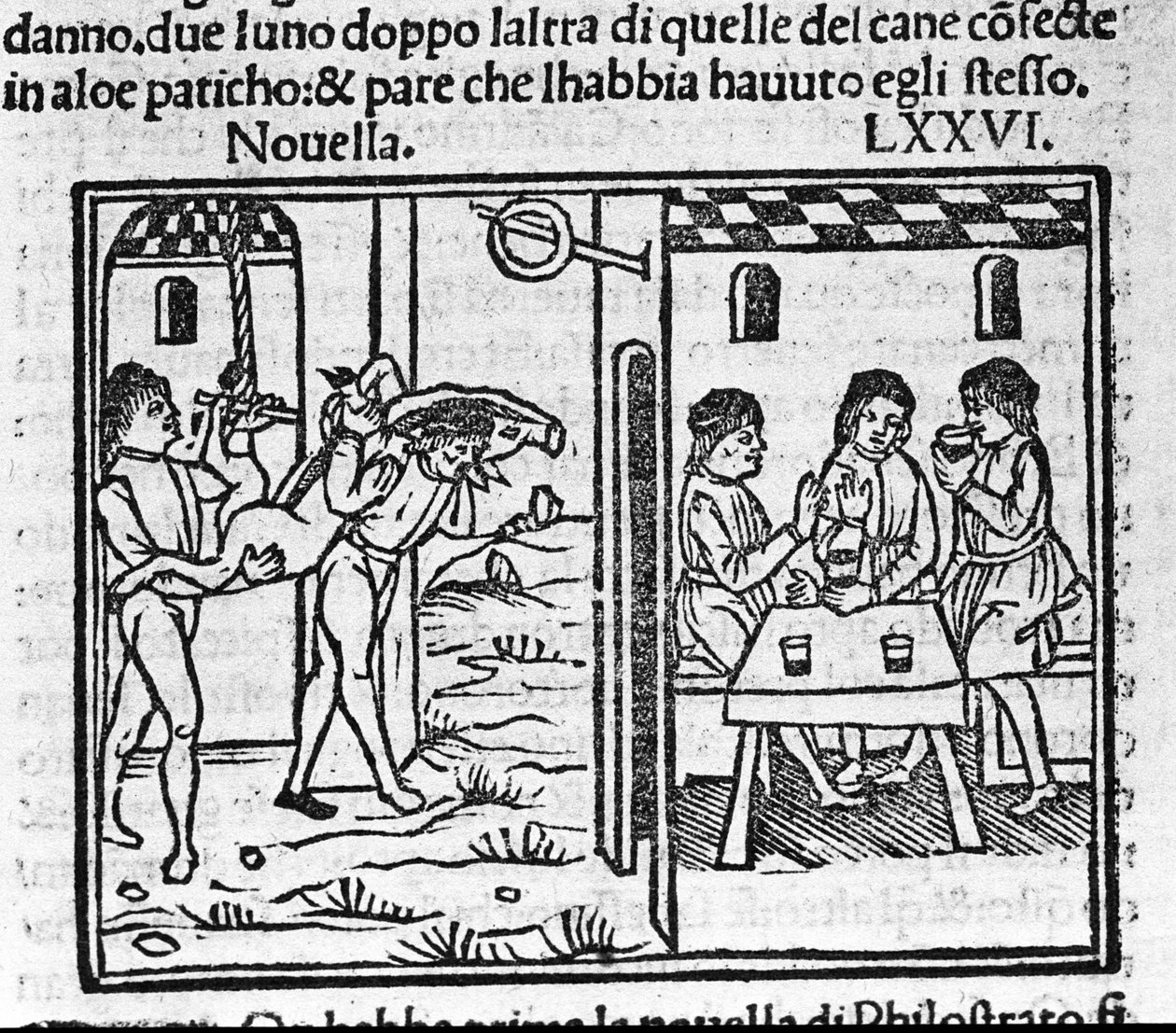 To menn bærer en gris på skulderen. Illustrasjon for nyheter 76 (ny 6 av den åttende dagen) av "Decameron"" av Giovanni Boccaccio dit Jean Boccaccio (1313-1375), italiensk forfatter. Gravering i "" Decamerone ouer Cento nouelle"" Venezia, Bartolomeo de av Italian School