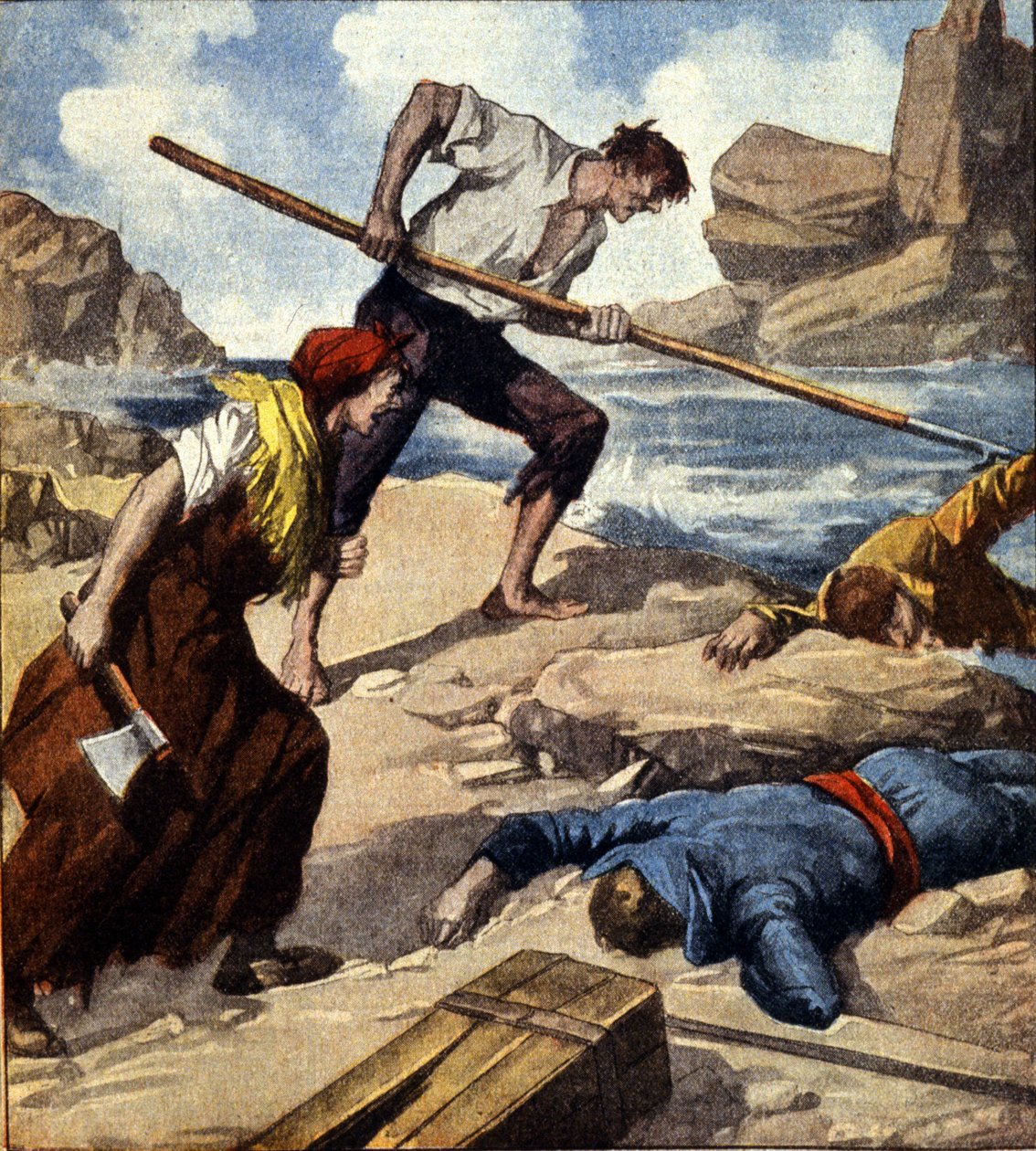 To skipsvrakere (pirater) etter å ha trukket båten til fjellet plyndret mannskapet. Italiensk illustrasjon. av Italian School