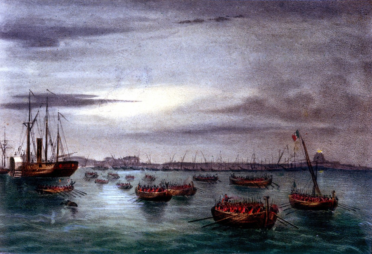 Unite d'Italie: ekspedisjonen av de tusen eller røde skjortene ledet av Giuseppe Garibaldi (1807-1882). Avreise fra den første flåten til Garibaldi-hæren fra fyret i Messina på Sicilia mot Calabria. 1860 Litografi fra 1800-tallet av Italian School