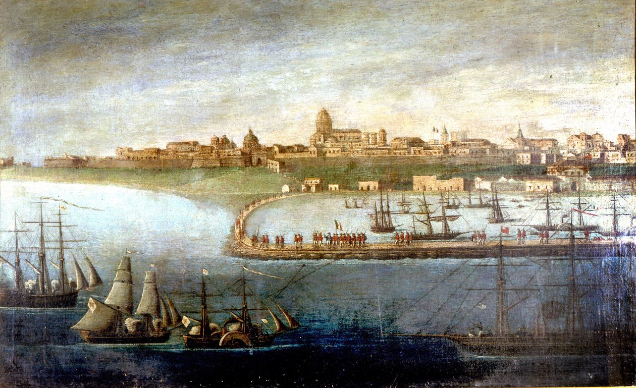 Unite of Italy: ekspedisjon av de tusen eller røde skjortene ledet av Giuseppe Garibaldi (1807-1882). Barkingen i Marsala, Sicilia. Anonymt maleri. Milan Museo del Risorgimento av Italian School