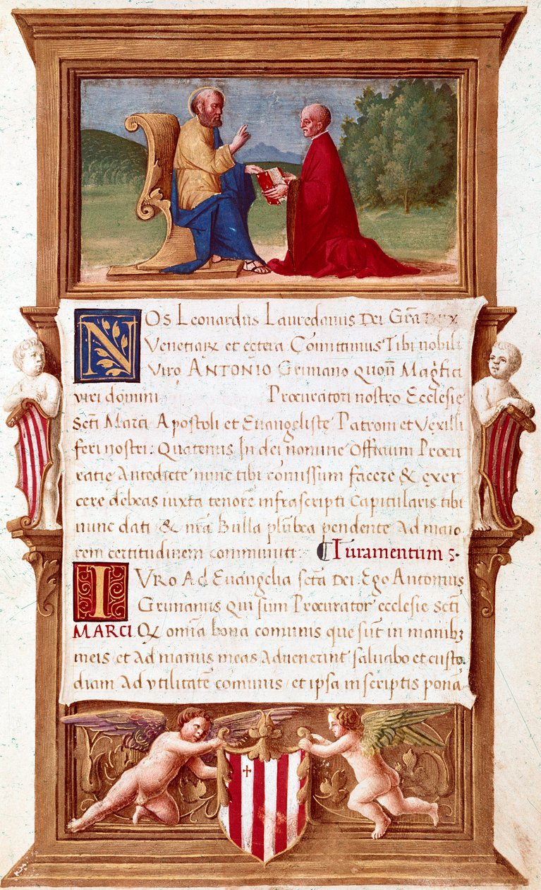 Venezia: Commission of Doge Antonio Grimani (1434-1523), Procurator of San Marco (Saint Mark) Manuskriptside fra 1500-tallet. Venezia, Museo Correr av Italian School