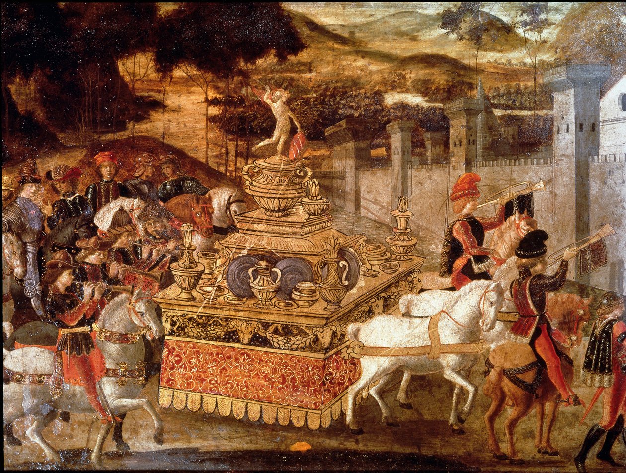 Seier av Lucius Aemilius Paullus eller Paul Emile den makedonske (ca. 230-160 f.Kr.) over Persee kongen av makedonsk Detalj av prosesjonen og triumfvognen. Maleri av den florentinske skolen på 1400-tallet. Paris, Musée Jacquemart Andre av Italian School