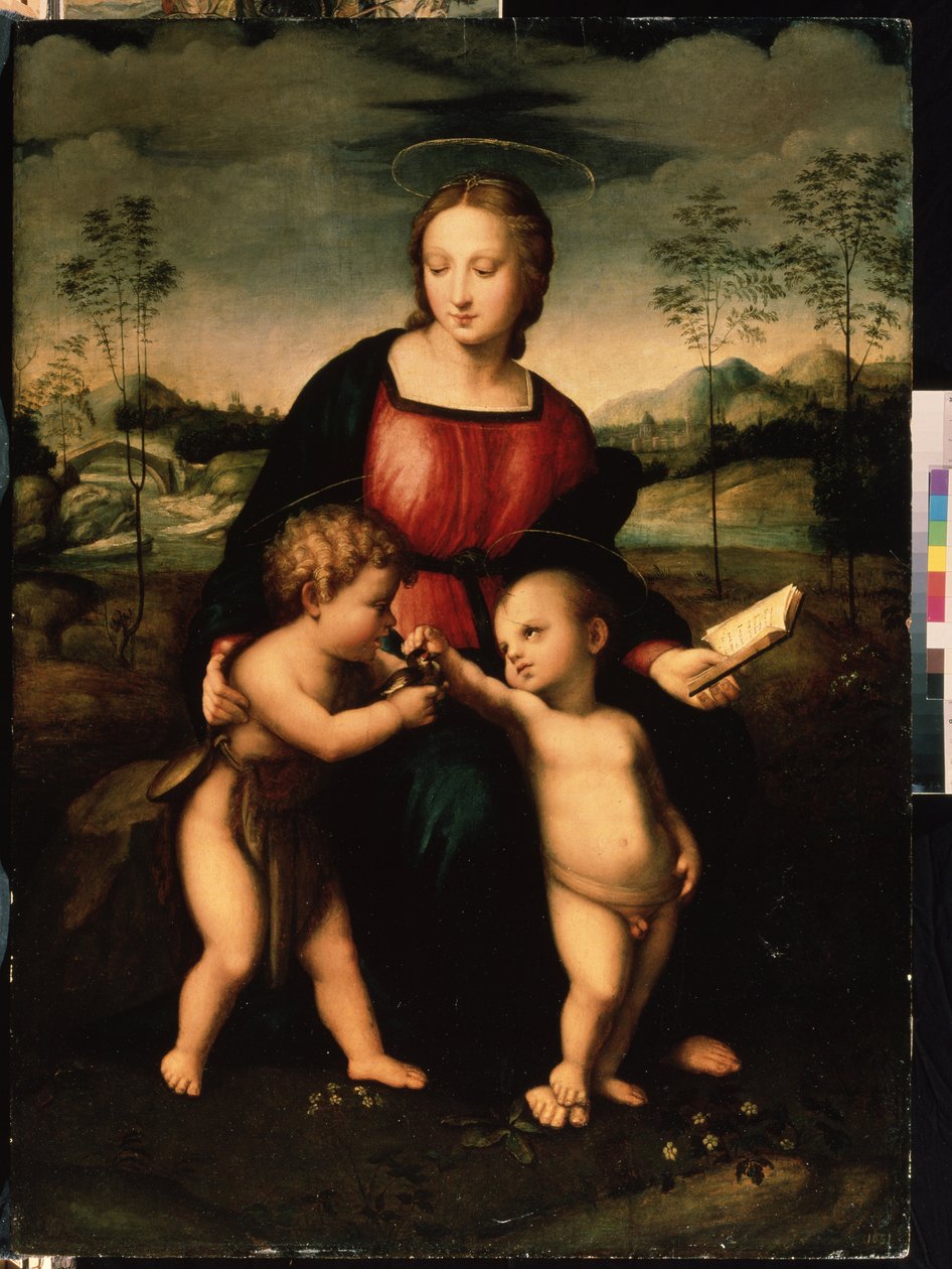 Jomfru og barn med døperen Johannes som gutt. Anonymt maleri, italiensk skole fra andre halvdel av 1500-tallet (ca. 1550-1600). Manierisme. Mikhail Kroshitsky kunstmuseum, Sevastopol (Sevastopol av Italian School