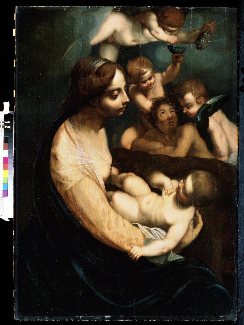 ""Madonna og barn og engler"" (Jomfru og barn med engler) Italiensk maleri fra begynnelsen av 1600-tallet. Mikhail Kroshitsky kunstmuseum, Sevastopol (Sevastopol) Ukraina av Italian School