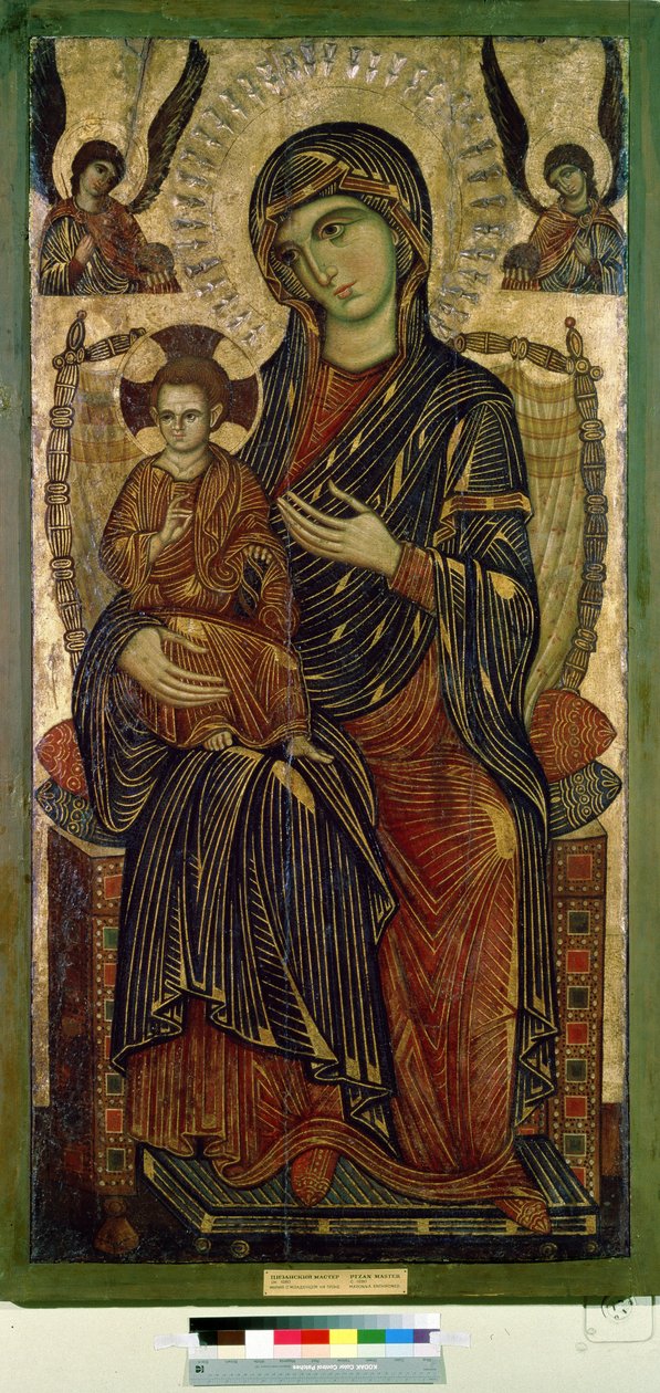 "Jomfru og barn på tronen" (Jomfru og barn på tronen) Jesu Kristi glorie er merket med et kors. Anonymt maleri av en kunstner fra Pisa. Tempera på tre. rundt 1280 Pushkin-museet, Moskva av Italian School
