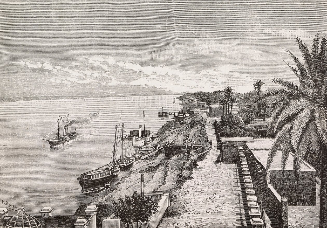 Utsikt over Khartoum langs Blue Nile, Sudan, gravering av Cairoli fra fotografi av Buchta, fra L'Illustration Italiana, nr. 51, 21. desember av Italian School