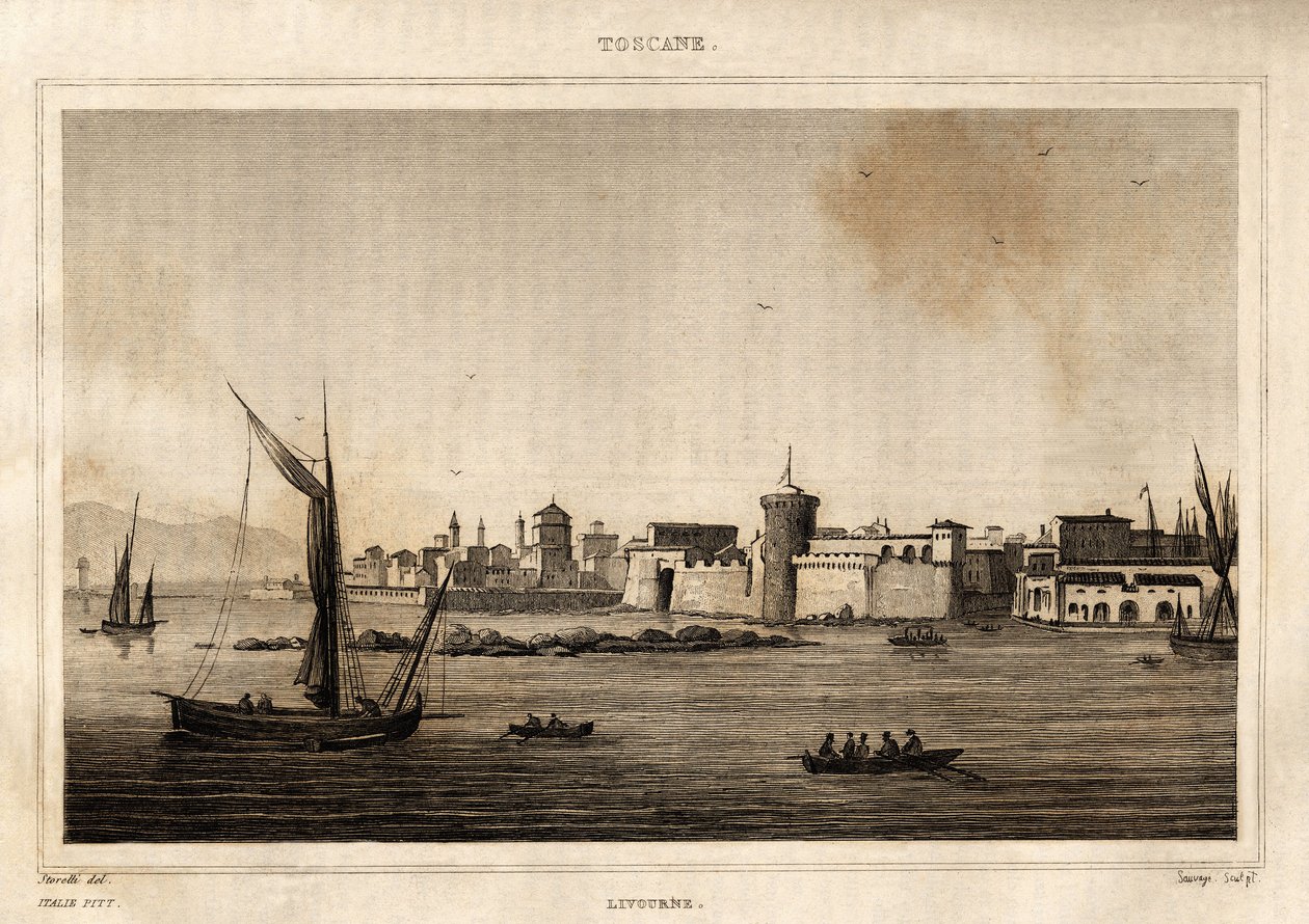 Utsikt over Livorno i Toscana. Gravering av Storetti i "Italia pittoreske", Amable Coste-redaktør, Paris av Italian School