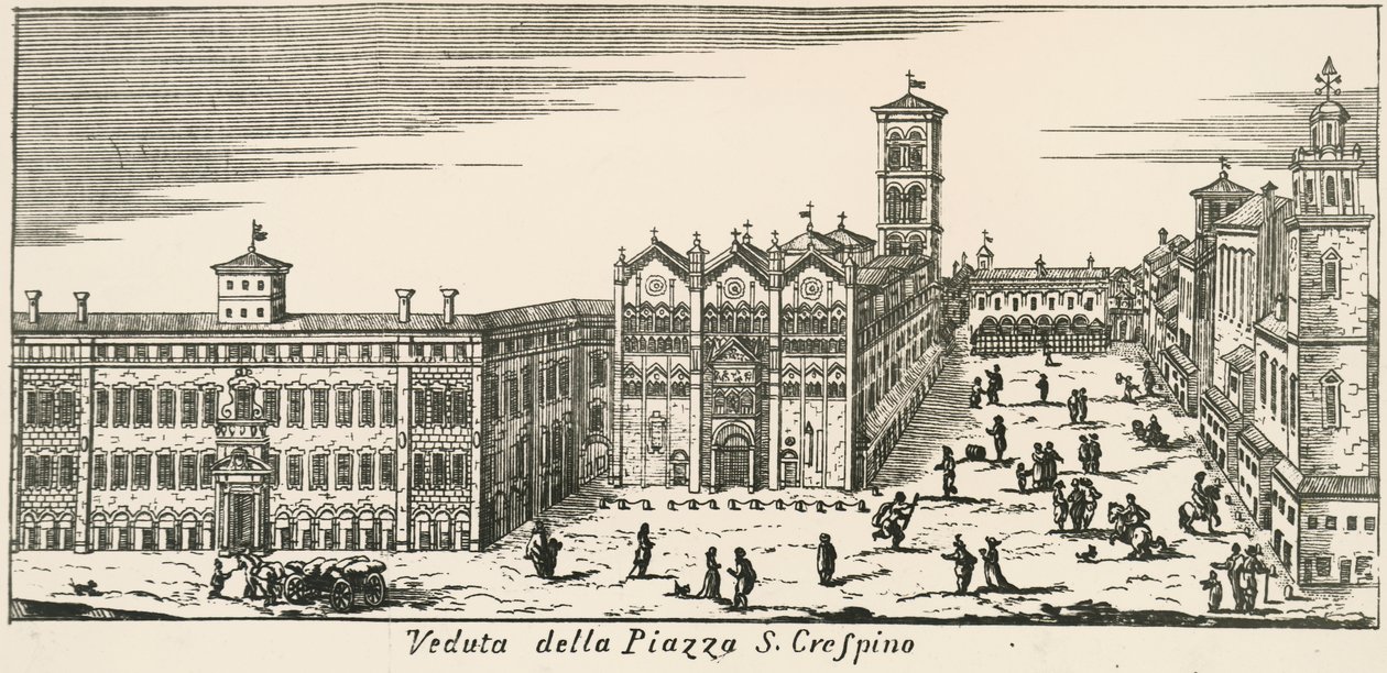 Utsikt over Piazza San Crispino og Ferrara katedral, gravering, Italia av Italian School