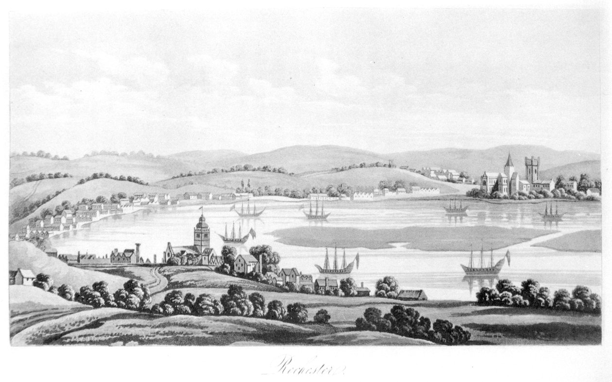 Utsikt over Rochester i 1669, fra Travels of Cosimo III (1642-1723) storhertug av Toscana, gjennom England under Charles IIs regjeringstid, engelsk oversettelse, utgitt 1821 av Italian School