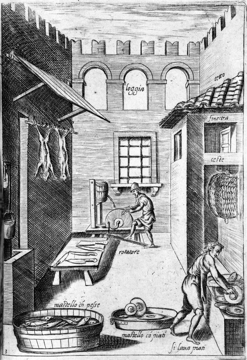 Utsikt over et kjøkken. Nederst sliper en mann knivene mens han foran en annen vasker platene. Gravering fra "Opera", bok om gastronomi delt i 6 deler, av Bartolomeo Scappi, personlig kokk til pave Pius V. Venezia av Italian School