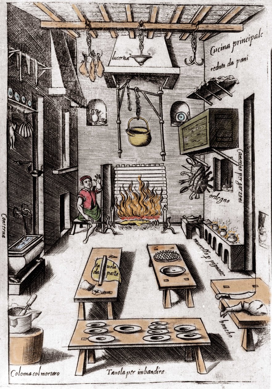 Utsikt over et kjøkken. Gravering fra "Opera", bok om gastronomi delt i 6 deler, av Bartolomeo Scappi, personlig kokk til pave Pius V. Venezia av Italian School