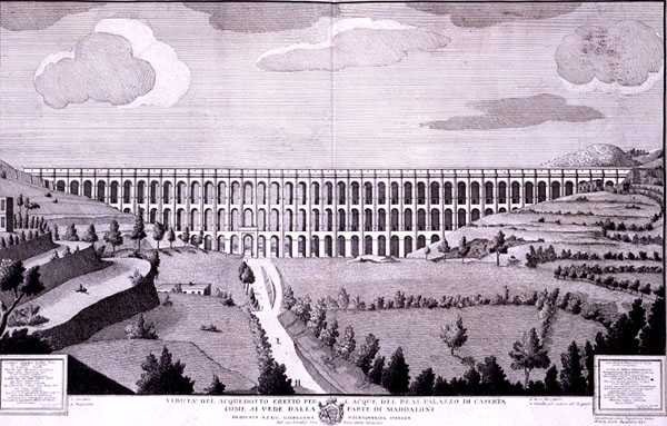 Utsikt over akvedukten som fører vann til Palazzo di Caserta fra Maddaloni (gravering) av Italian School