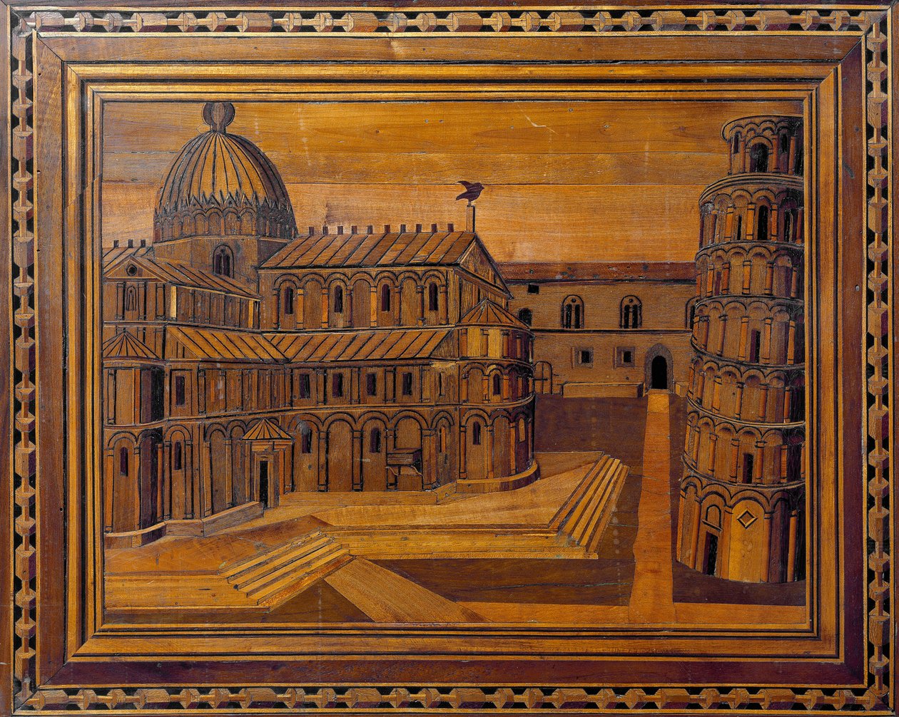 Utsikt over katedralen i Pisa (Duomo di Santa Maria Assunta di Pisa) og det skjeve tårnet (Torre-anheng) på Mirakelplassen (Piazza dei Miracoli) Marquetry fra 1400-tallet. Bevart i katedralens prestegård, Pisa av Italian School