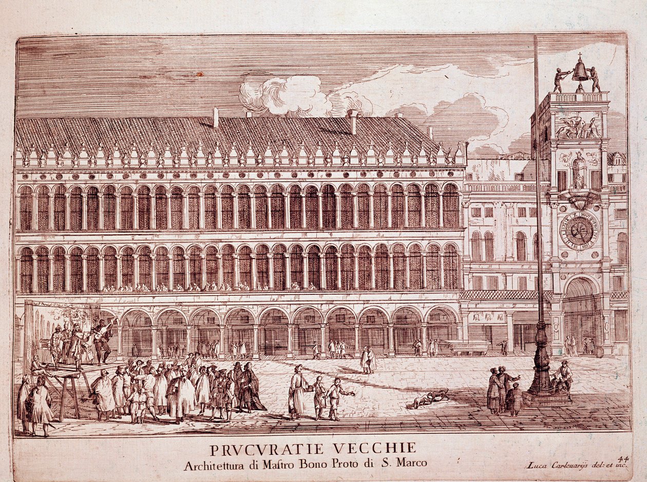 Utsikt over Procuracy Vecchie på Markusplassen i Venezia Gravering av 1703 Venezia, Museo Correr av Italian School