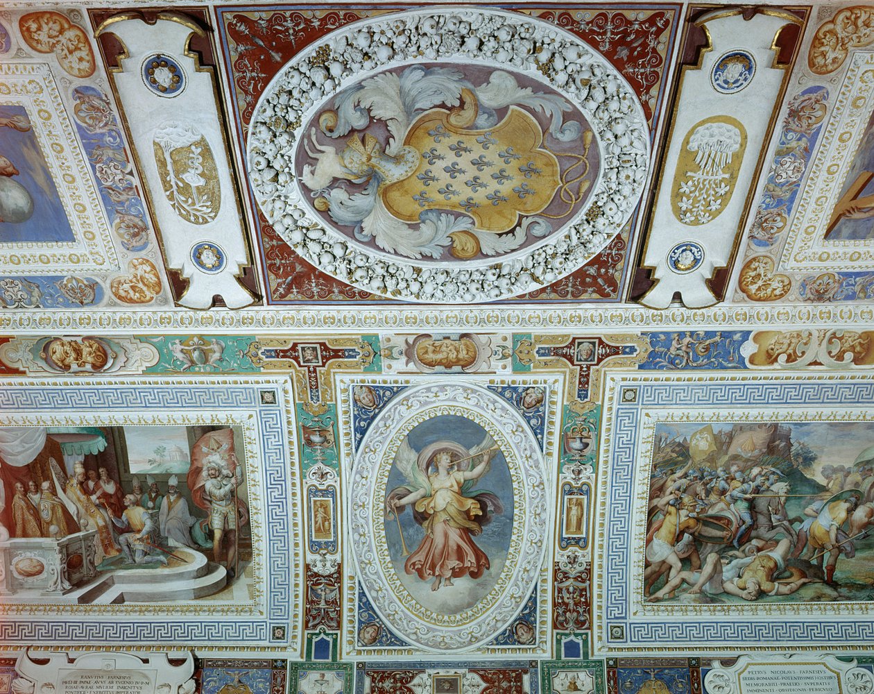 Utsikt over Sala dei Fasti Farnese (Hall of the Splendors of the Farnese) utviklet av Onofrio Panvinio og fresker av Taddeo (1529-66) og Federico Zuccaro (1540-1609) 1557-83 (detalj) av Italian School