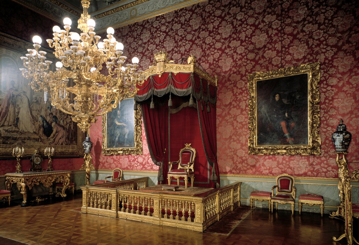 View of the Throne Room eller Chamberlains Room Royal Apartments fra 1800-tallet, Palazzo Pitti, Firenze, Italia av Italian School