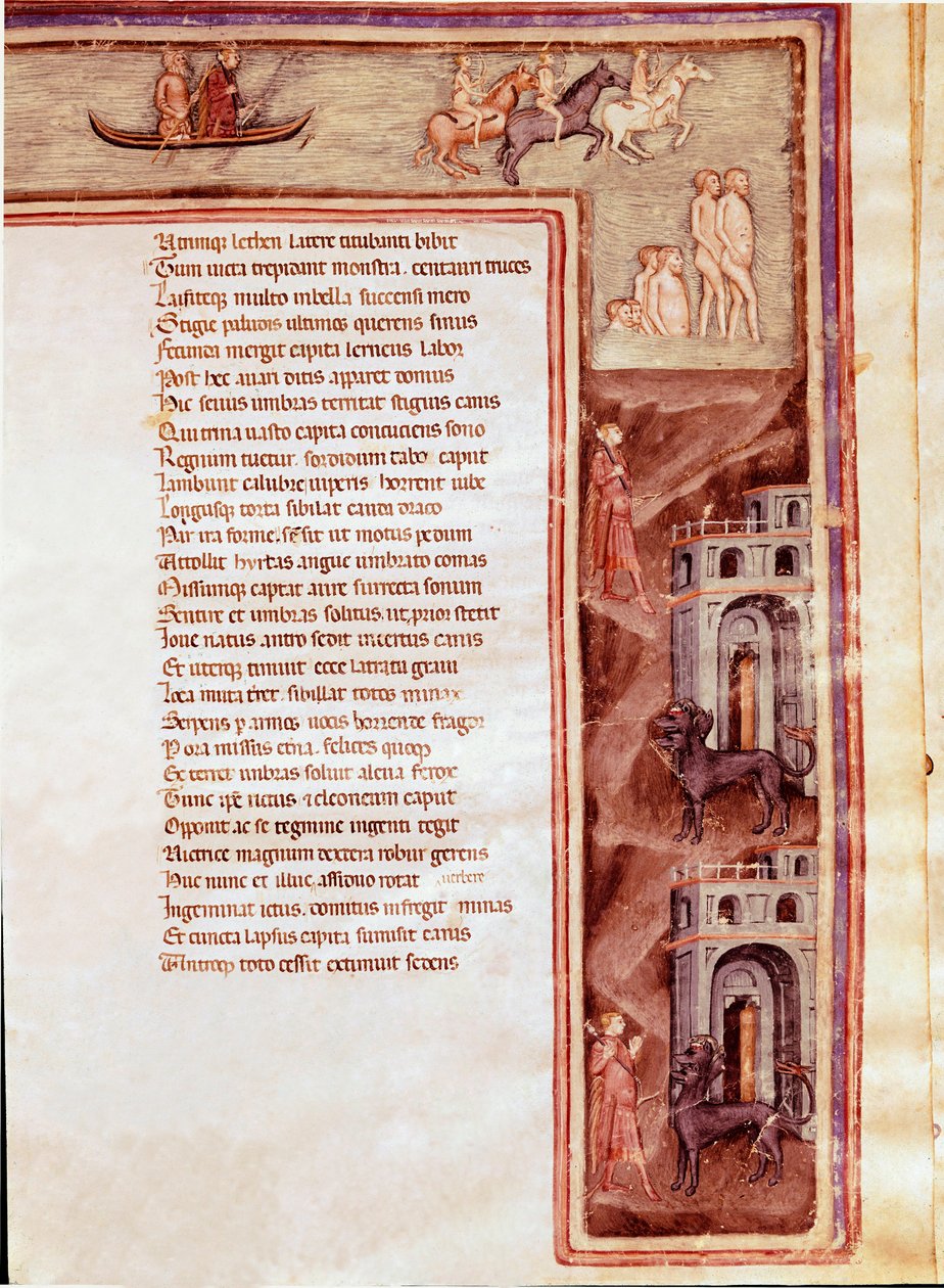 Utsikt over underverdenen, karakterer og monstre, illustrasjon for Furious Hercules av Seneque (miniatyr av Italian School