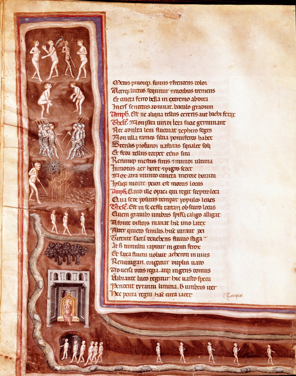 Utsikt over underverdenen, karakterer og monstre, vandrende sjeler i underverdenens sirkler, illustrasjon for Furious Hercules av Seneque (miniatyr av Italian School