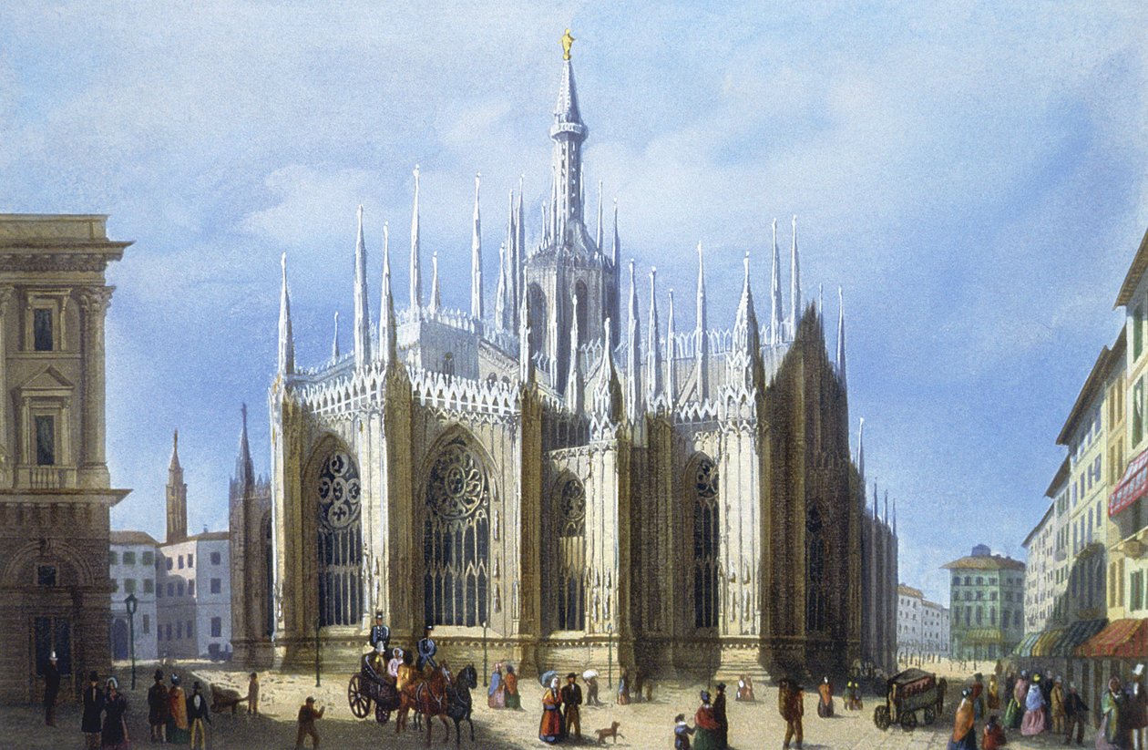 Utsikt over baksiden av katedralen i Milano fra utsikt over Milano og omegn av Italian School