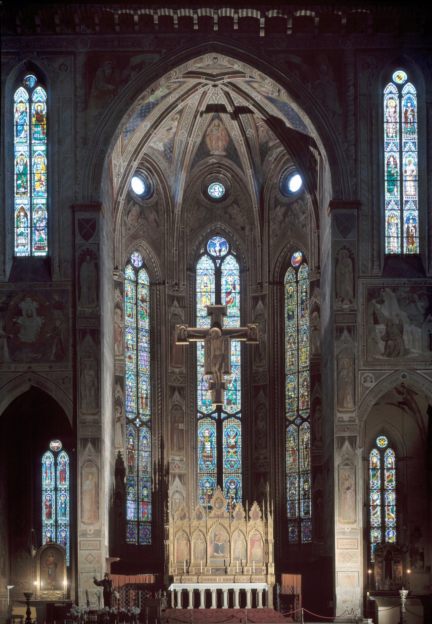 Utsikt over cappella maggiore i kirken Santa Croce, med freskomaleri, tidlig på 1300-tallet av Italian School