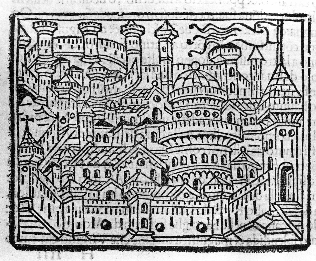 Utsikt over byen Aosta i Italia. Gravering i "" Supplement til krønikene "" av Fra Jacopo Filippo Foresti, Venezia av Italian School
