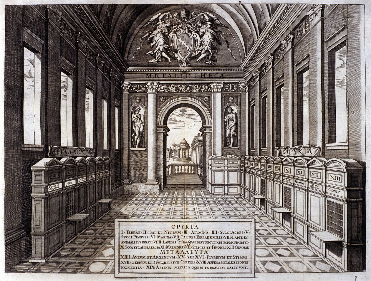 Utsikt over museet til Michele Mercati (1541-1595), forvalter av Vatikanets botaniske hage. Gravering fra "" Metallotheca..." Roma 1717 - 1719 av Italian School