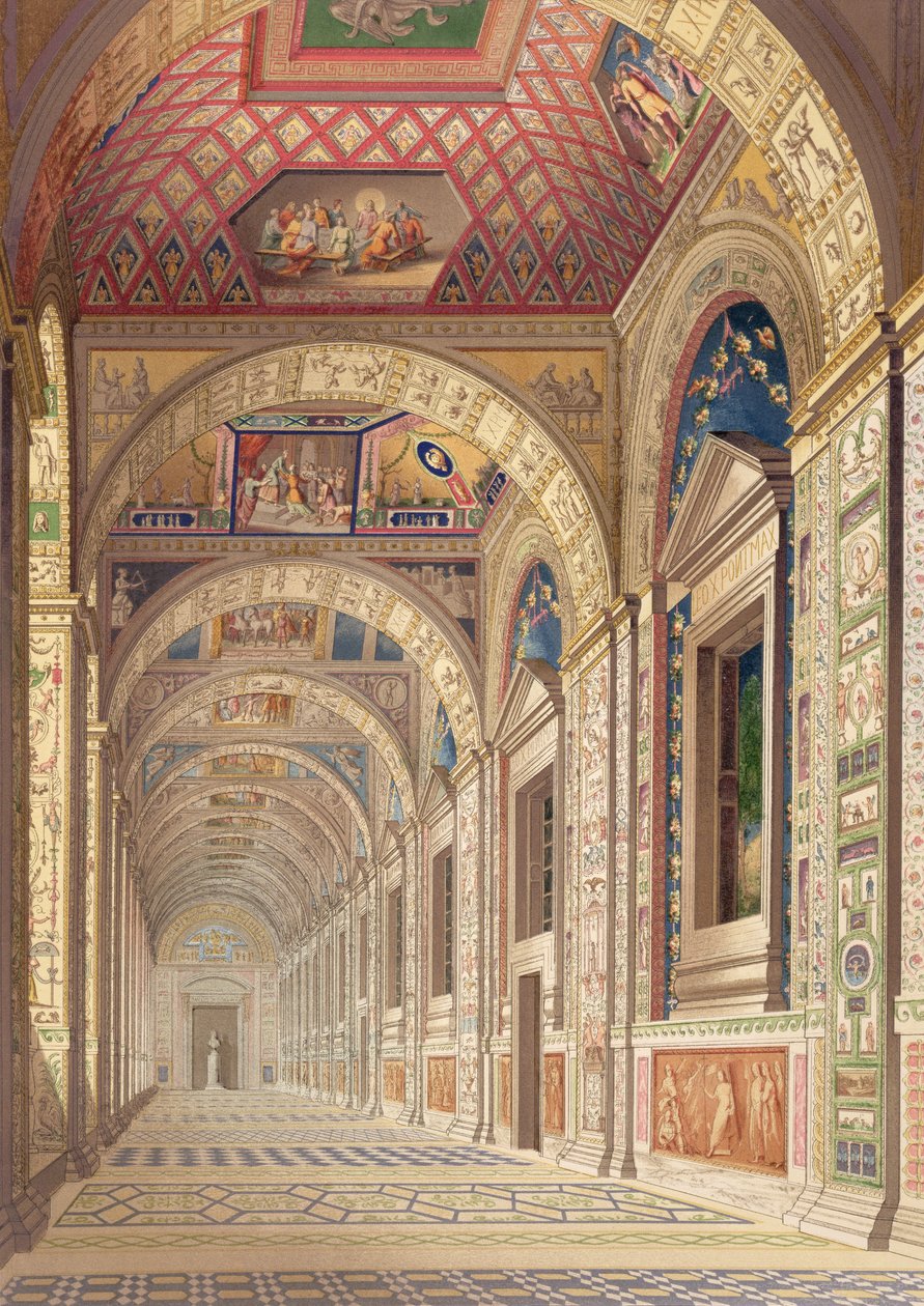 Utsikt over andre etasje Loggia ved Vatikanet, med dekor av Raphael, fra Delle Loggie di Rafaele nel Vaticano, utgitt som et løst blad i utgaven av 1814 (håndfarget gravering) av Italian School