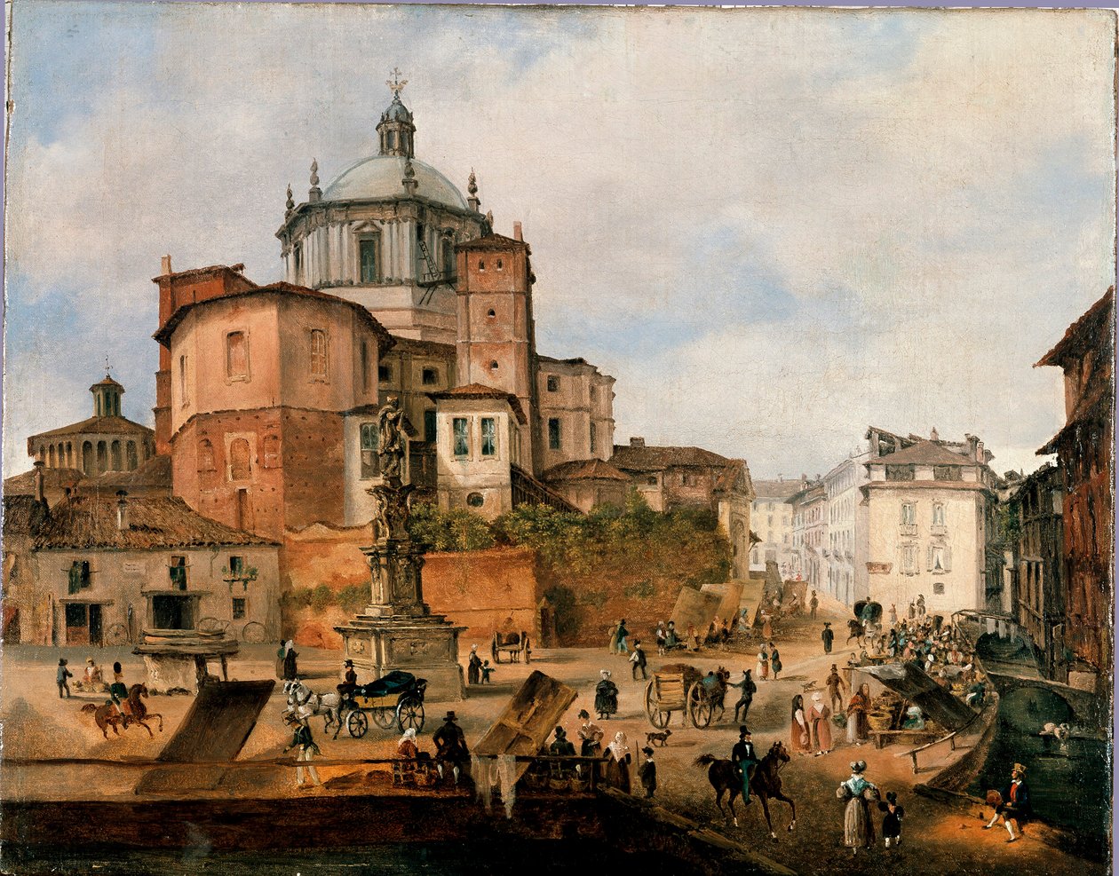 Utsikt over torget Vetra og apsis til basilikaen San Lorenzo Anonym maleri. Slutten av 1800-tallet. Milano, Milano museum av Italian School