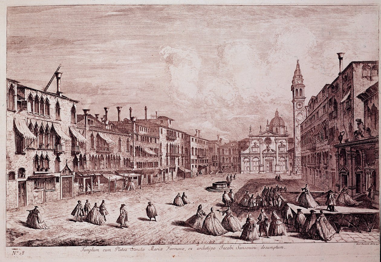 Utsikt over torget til kirken Santa Maria Formosa a Venezia Gravering fra ""The Magnificent and Selective Prospectus of the City of Venezia" av Michele Marieschi (1710-1743) 1741 Venezia, Museo Correr av Italian School
