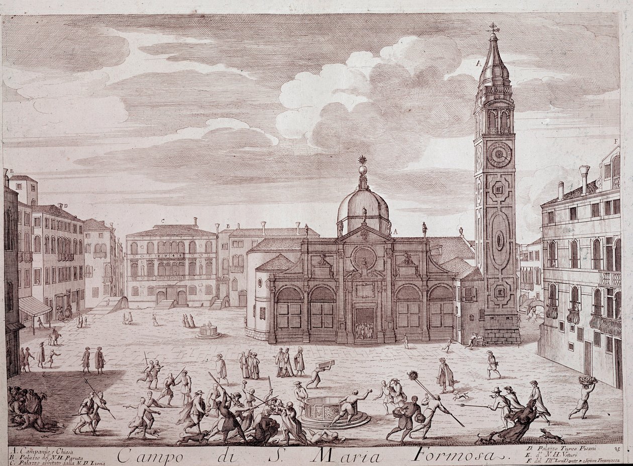 Utsikt over torget til kirken Santa Maria Formosa a Venezia Gravering fra "" Teatro di Venezia"" Venezia fra 1700-tallet, Museo Correr av Italian School