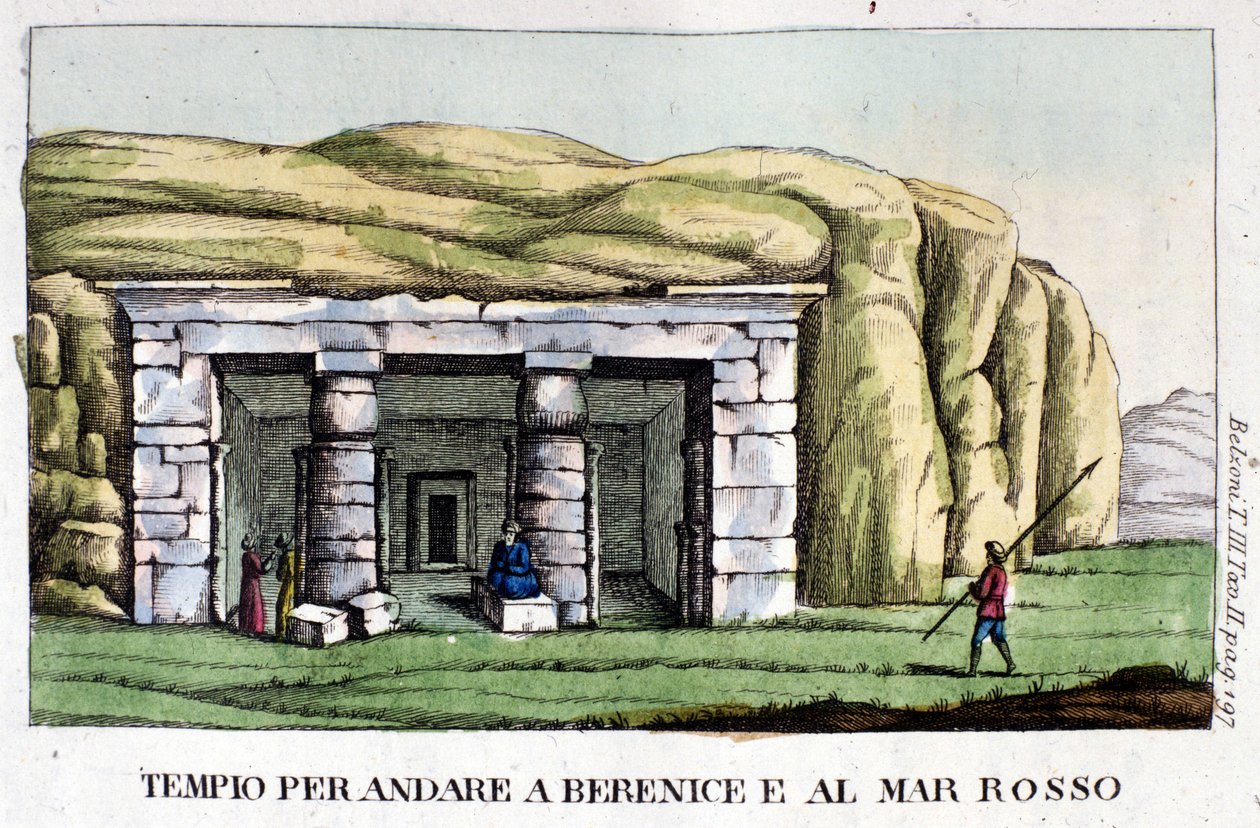 Utsikt over tempelet som ligger på vei til Berenice i dag Benghazi og til Rødehavet. Forfatteren, Giovanni Battista (Gianbattista) Belzoni (1778-1823), er en italiensk oppdagelsesreisende og arkeolog som har gjort viktige arkeologiske funn i Egypt. Engravi av Italian School