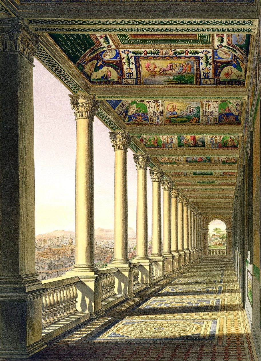 Utsikt over Loggia i tredje etasje ved Vatikanet, med dekor av Raphael, fra Delle Loggie di Rafaele nel Vaticano, utgitt som et løst blad i utgaven av 1814 (håndfarget gravering) av Italian School