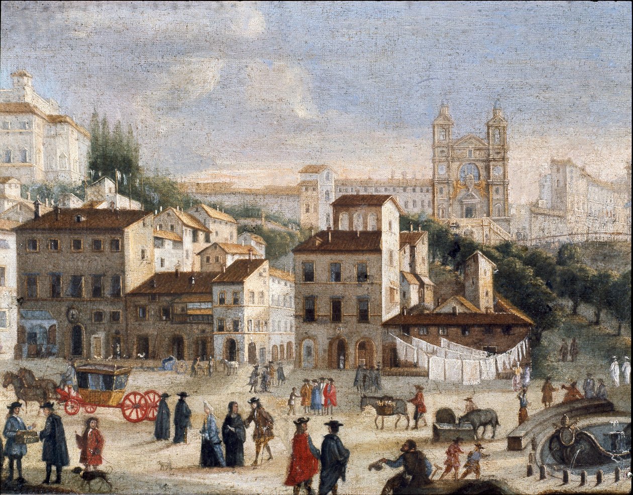 Utsikt over Spain Square og Saint Trinity Church i Roma - 1600 -tallet (maleri) av Italian School