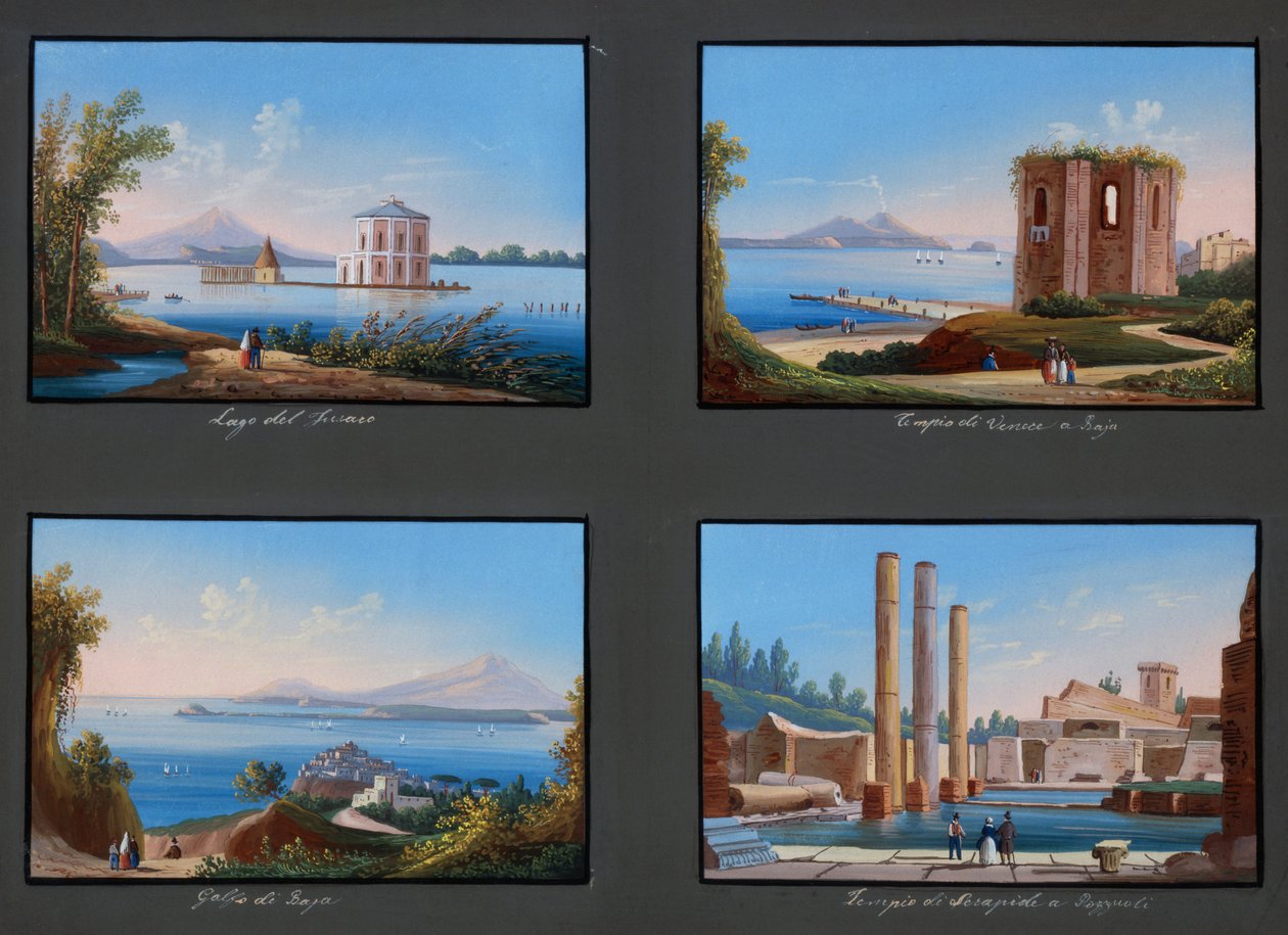 Utsikt over Phlegraean Fields: Fusaro Lake, Temple of Venus i Baja, Baja Gulf, Temple of Serapis i Pozzuoli (gouache) av Italian School