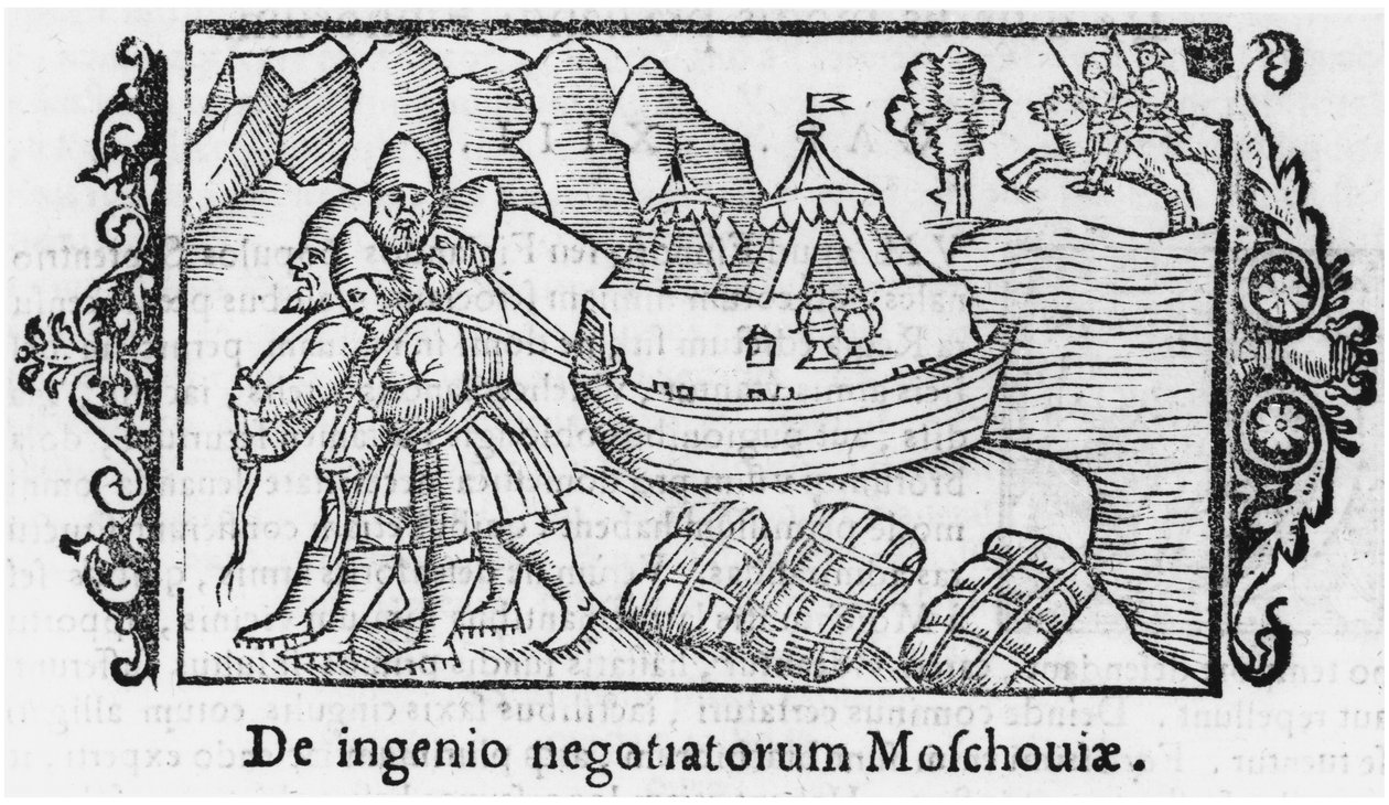 Vikinger som bærer en båt til Russland, illustrasjon fra History of the Northern Nations av Olaus Magnus (1490-1558), publisert i Roma, 1555 av Italian School