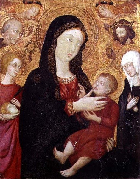 Jomfru og barn med S. Bernadino, Sigismund, Clare og Crescentius, 2. halvdel av 1400-tallet (tempera på panel) av Italian School
