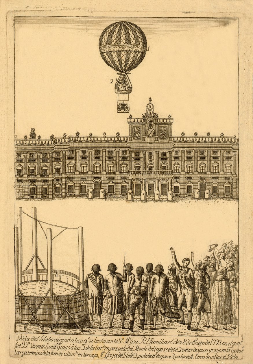 Utsikt over luftballongen. se laget ante, pub. 1793. av Italian School