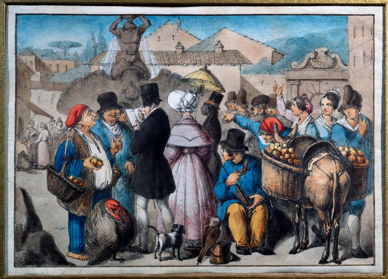 Vandringsscene i Roma Akvarell av Roma fra 1800-tallet, museo del folklore av Italian School