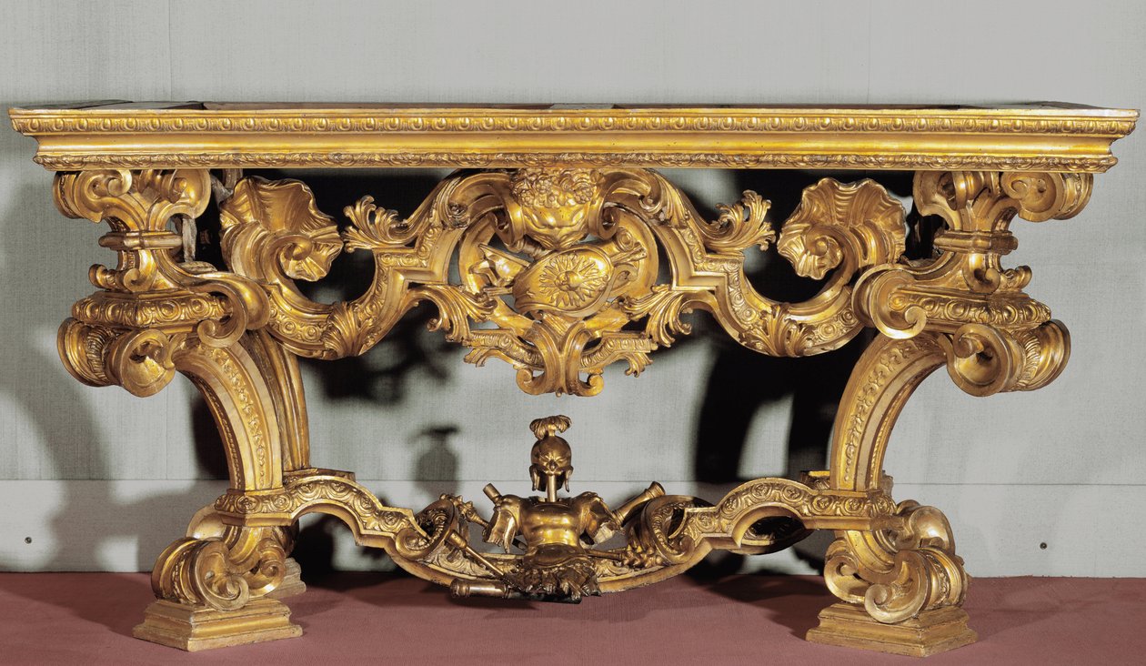 Veggbord med albatre-plate laget av en genois-kunstner (1700-tallet) skåret i forgylt tre av Italian School