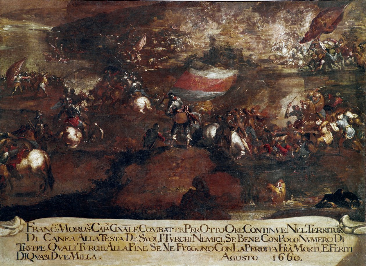 War of Candia (Kreta):: "" Slaget ved Chania ledet av Francesco Morosini (1619-1694) i august 1660" (Kretenskrigen (1645-69): angrepet av Canea ledet av Francesco Morosini i august 1660) Maleri av venetiansk skole av Italian School