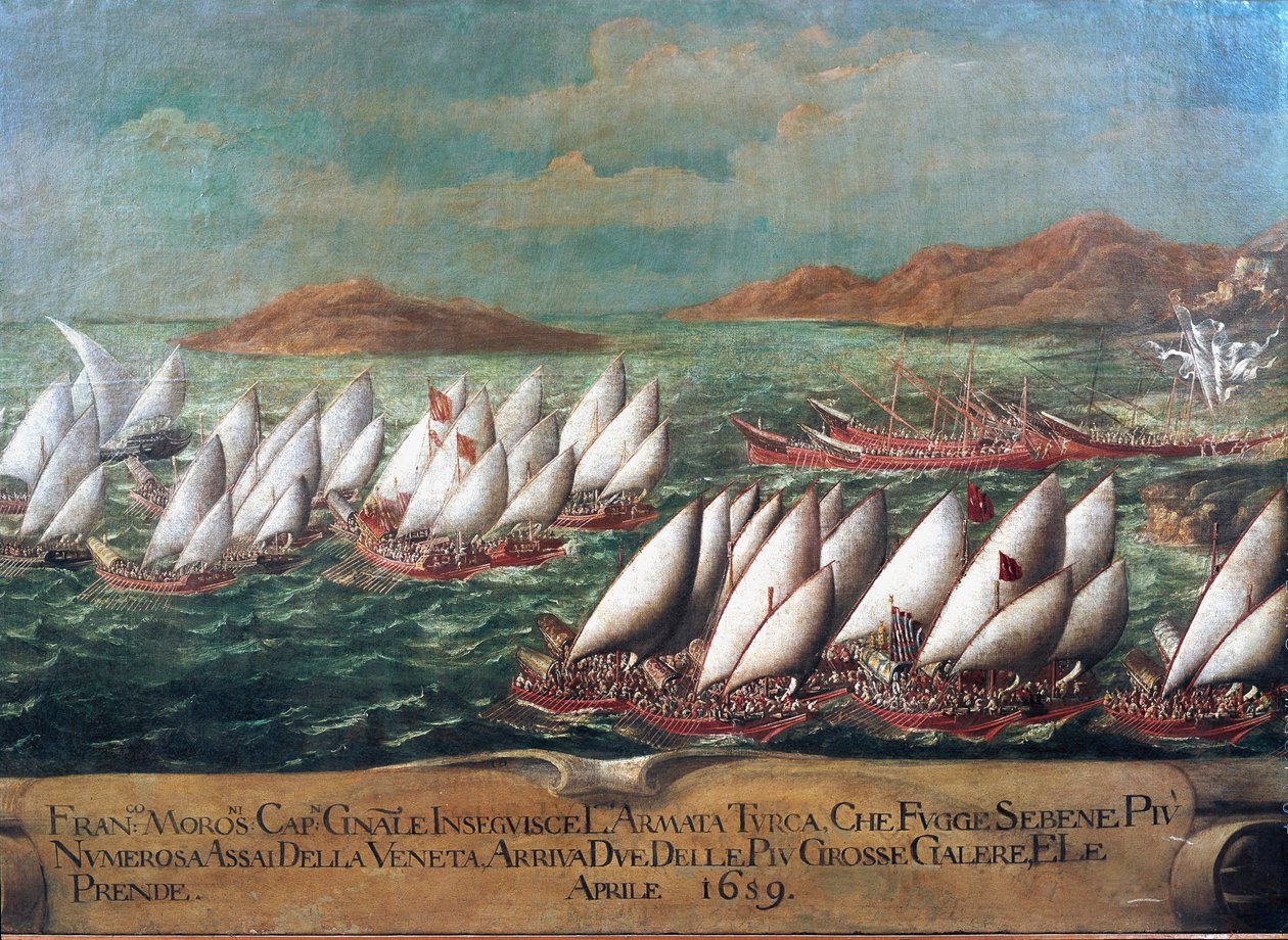 War of Candia (Kreta): den venetianske flåten under kampanjen ledet av Doge Francesco Morosini mot tyrkerne i 1659 Maleri av den venetianske skolen. 1600-tallet - Venezia, Correr-museet av Italian School