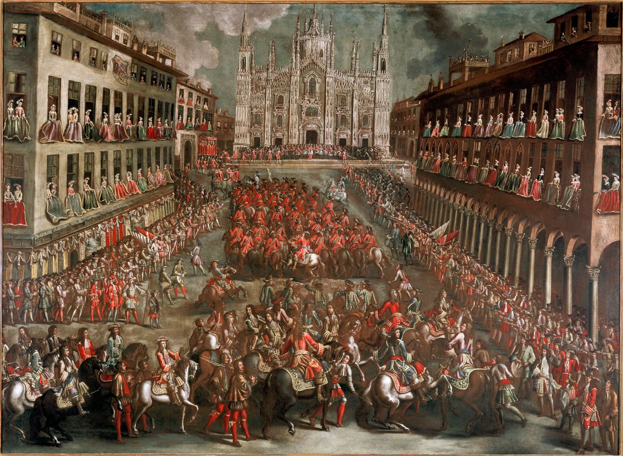 Den spanske arvefølgekrigen: "" Festligheter organisert for å feire innreisen til Milano av prins Eugenio di Savoia (1663-1736) i spissen for den seirende hæren etter slaget ved Torino 24.09.1706" (feiring på Piazza Duomo i Milano for seieren av Italian School